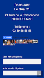 Aperçu sur mobile du site internet créé en responsive design pour le Restaurant Quai 21 à Colmar en Alsace